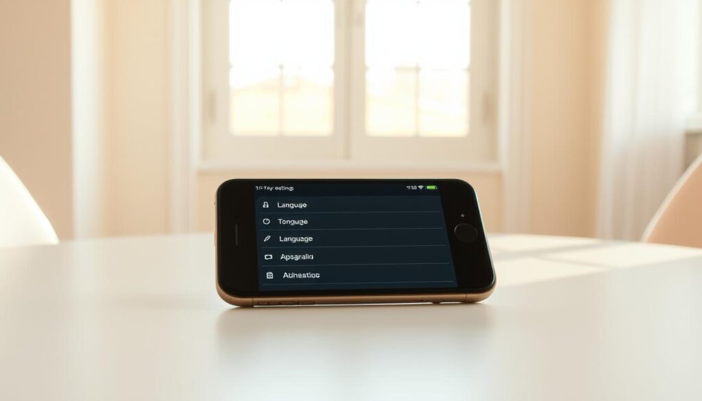 A clean, well-lit room with a sleek, modern iPhone device prominently displayed on a minimalist table. The iPhone's screen is turned on, showcasing the language settings menu with various language options. The room is bathed in warm, natural lighting, creating a serene and inviting atmosphere. The image focuses on the intuitive process of changing the iPhone's language, emphasizing the user-friendly interface and the ease of navigation through the settings. The overall composition conveys a sense of simplicity and accessibility, capturing the essence of the "How to Change Language on iPhone" guide.
