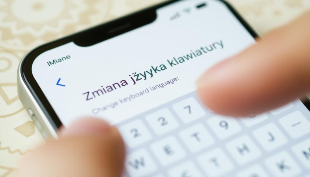 A close-up view of an iPhone keyboard displaying the language options menu, with a finger hovering over the "Zmiana języka klawiatury" (Change keyboard language) option. The keyboard is depicted in a crisp, high-resolution rendering, with a clean, minimalist design and a muted color palette. The background is slightly blurred, subtly emphasizing the keyboard as the focal point. The lighting is soft and natural, creating a sense of clarity and precision. The overall composition conveys a sense of ease and intuitiveness, reflecting the user-friendly nature of the iPhone interface.