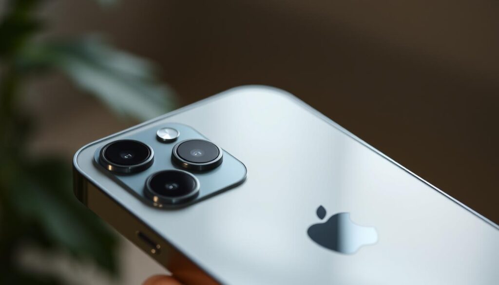 A detailed close-up view of the Apple iPhone 12 smartphone, showcasing its sleek and modern design. The device is positioned prominently in the center of the frame, with a crisp, well-lit display and a matte, aluminum body reflecting a soft, natural light. The camera module is highlighted, capturing the device's advanced imaging capabilities. The background is subtly blurred, creating a sense of depth and focus on the iPhone 12. The overall mood is one of sophistication and technical prowess, reflecting the key advantages of this flagship smartphone model.