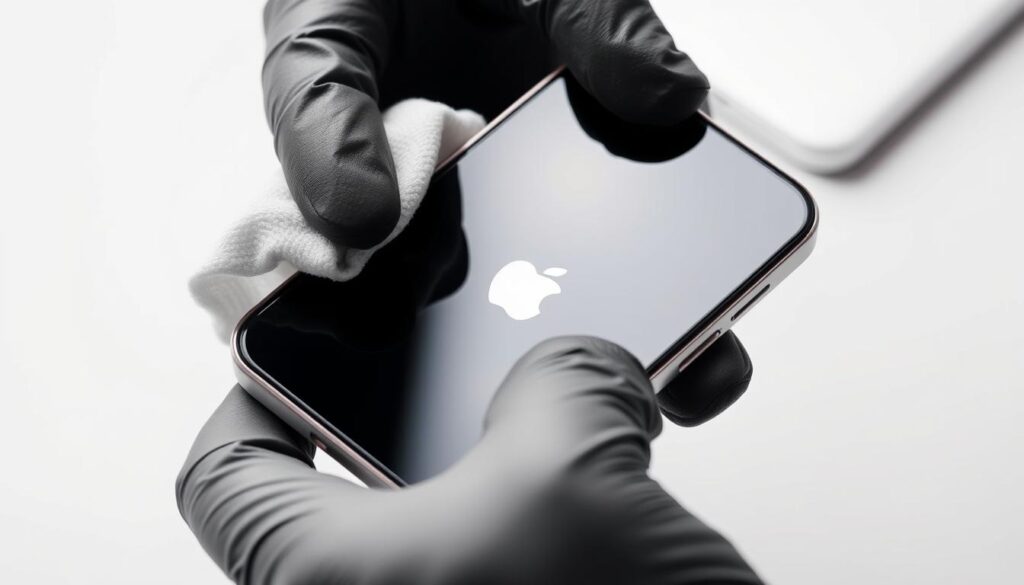 A detailed closeup of an iPhone being carefully cleaned and prepared for sale. The phone is held in a pair of gloved hands, with a microfiber cloth gently wiping down the screen and body. The background is a clean, minimalist workspace with a soft, even lighting that highlights the phone's sleek design. The image conveys a sense of meticulous attention to detail and care in getting the device ready for its next owner. The overall mood is one of professionalism and respect for the technology being handled.