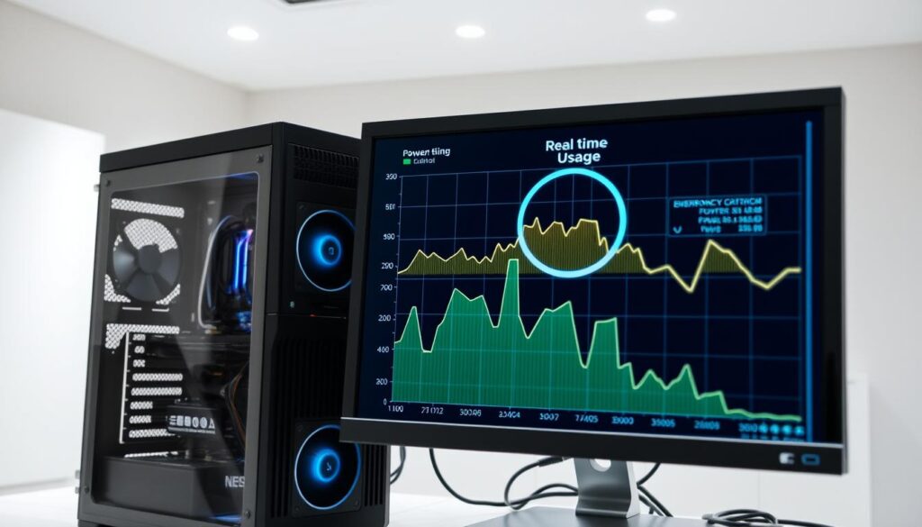 A detailed, high-resolution image of a computer's energy consumption, showcasing a clear and informative visualization. The foreground depicts a computer tower and monitor, with a focus on the power supply and various internal components. The middle ground highlights a detailed graph or chart displaying real-time power usage data, allowing for easy interpretation of the computer's energy draw. The background features a minimalist, neutral environment, allowing the technical details to take center stage. The lighting is bright and evenly distributed, creating a clean, professional look. The overall mood is one of informative clarity, designed to clearly illustrate the specific topic of a computer's power consumption.