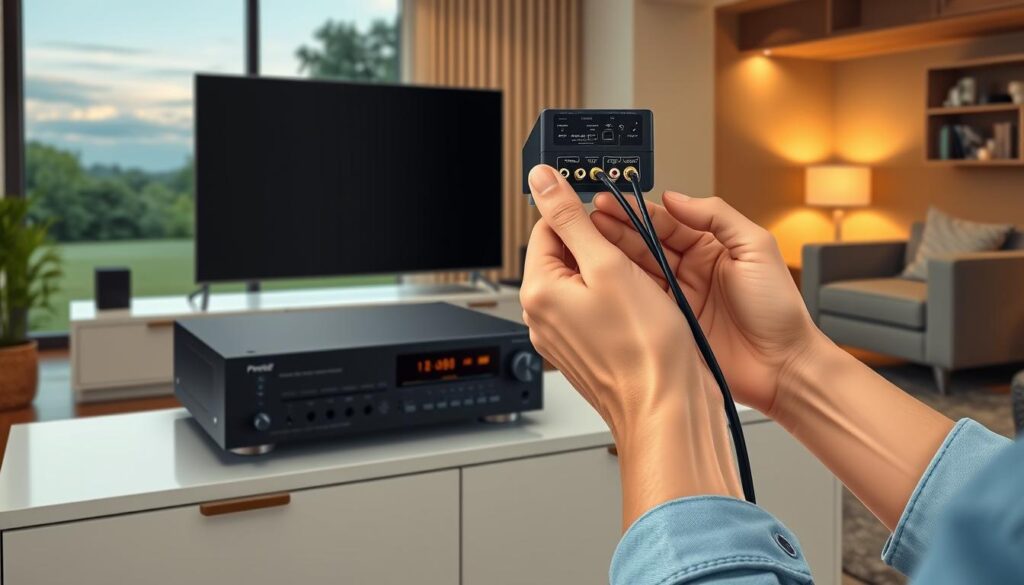 A detailed step-by-step illustration of the process of connecting a media decoder to a home theater system. In the foreground, a person's hands carefully connecting cables from the decoder to the various ports on the rear of a sleek, modern home theater receiver. The middle ground shows the various AV components - the decoder, receiver, and TV - arranged neatly on a minimalist entertainment unit. The background depicts a cozy living room setting with warm lighting, neutral-toned furnishings, and large windows overlooking a serene outdoor scene. The overall mood is one of focused attention to technical detail within a comfortable, inviting domestic environment.