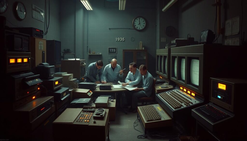 A dimly lit laboratory, illuminated by the soft glow of vintage computer equipment. In the foreground, a large, imposing mainframe computer with blinking lights and reel-to-reel tape drives dominates the scene. Surrounding it, a collection of smaller devices, including oscilloscopes, punch card readers, and early keyboards, create a sense of the technological progress unfolding. The middle ground features a group of scientists and engineers, their faces obscured in shadow, poring over diagrams and schematics, their expressions intense as they work to unravel the mysteries of this new computing era. In the background, a wall-mounted clock and a calendar with the year "1936" subtly hint at the historical significance of the moment. The overall atmosphere is one of reverence, innovation, and the dawn of a new technological age.
