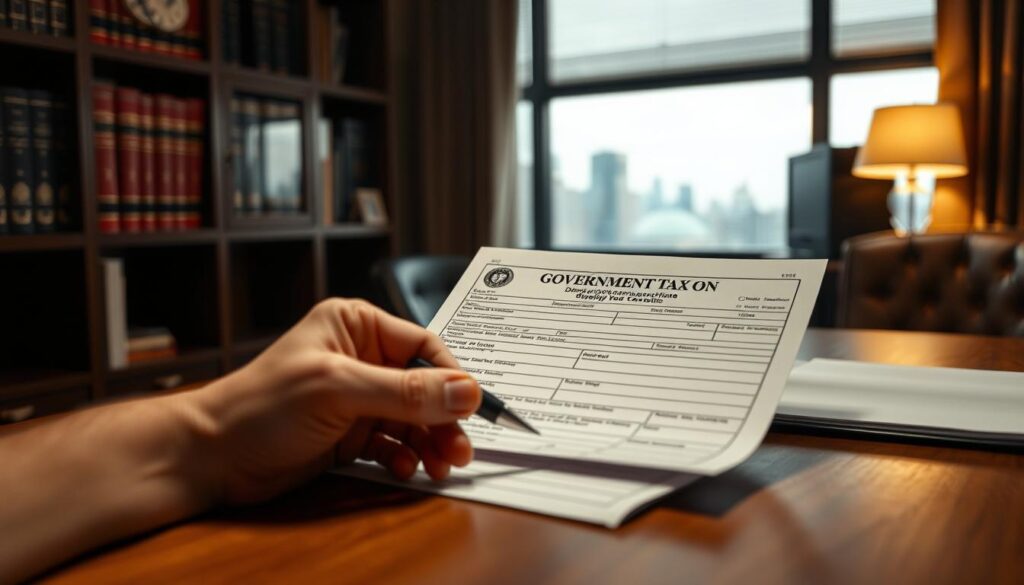 A dimly lit office interior, with a government tax form prominently displayed on a wooden desk. In the foreground, a hand holds a pen, poised to fill out the form. The background features a bookshelf filled with legal documents and a window overlooking a cityscape, hinting at the bureaucratic process of deregistering a television. The lighting is soft and warm, creating a sense of focus and attention to detail. The overall atmosphere conveys the administrative formality and seriousness of the task at hand.