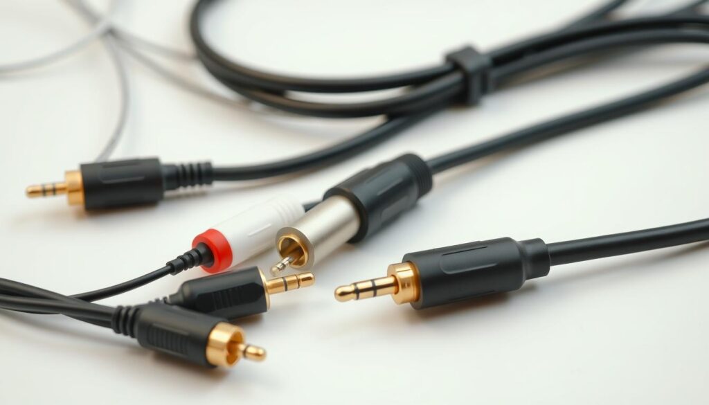 A high-quality, close-up image of various audio cables and connectors for connecting speakers to a TV, arranged on a clean, neutral background. The cables should be neatly organized, highlighting their differences in size, color, and connector types, such as RCA, 3.5mm, and speaker wire. The lighting should be soft and even, accentuating the textures and details of the cables. The composition should be balanced and visually appealing, conveying a sense of professionalism and practicality to illustrate the "Wybór kabli do podłączenia głośników" section of the article.