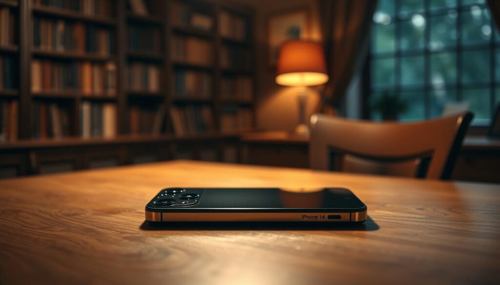 A high-quality, detailed image of an iPhone 14 Pro in a dimly lit, cozy room. The phone is prominently displayed on a wooden table, its sleek design and premium finish capturing the eye. Soft, warm lighting illuminates the device, creating an inviting and luxurious atmosphere. The background is blurred, with hints of bookshelves and a window, suggesting an elegant, study-like setting. The composition emphasizes the phone's elegance and desirability, conveying the sense of a premium, high-end product worthy of investment.