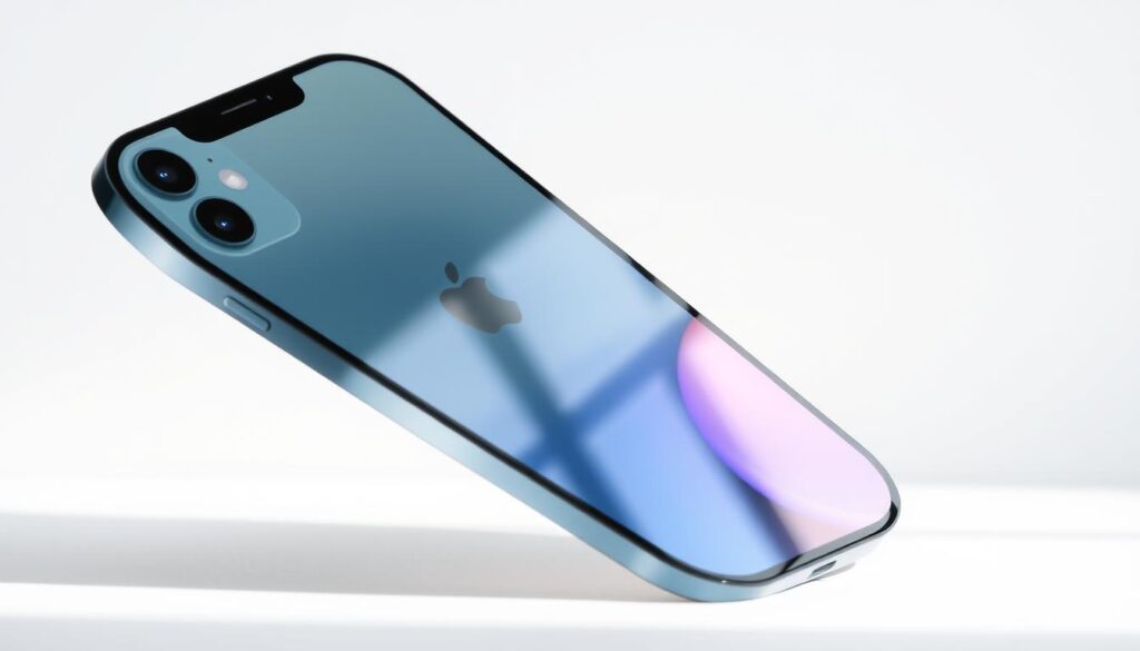A high-resolution close-up photograph of an iPhone 12 device, captured at a dynamic angle to showcase its sleek design and impressive display size. The device is displayed against a clean, neutral background, with natural lighting that accentuates the device's glossy finish and vibrant OLED screen. The image should provide a clear, detailed representation of the iPhone 12's physical dimensions, allowing the viewer to gauge its size and compare it to other models. The composition should be visually striking, drawing the viewer's attention to the device's key features and overall presence.