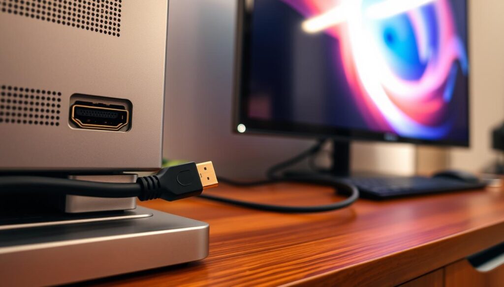 A high-resolution photograph of a computer and a television set connected by a HDMI cable. The computer is placed on a wooden desk, with the HDMI cable running neatly from the computer's HDMI port to the television's HDMI input. The television is mounted on a wall, displaying a clear, vibrant image. The scene is well-lit, with soft, even lighting from a nearby window or overhead fixtures, creating a warm, welcoming atmosphere. The focus is sharp, capturing all the technical details of the HDMI connection, while the background is slightly blurred, keeping the attention on the main subject. The overall composition is balanced and visually appealing, showcasing the simplicity and ease of connecting a computer to a television using a HDMI cable.