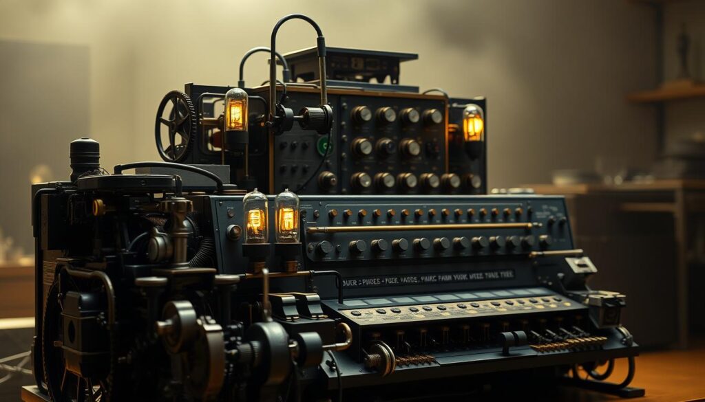 A meticulously crafted contraption of gears, levers, and vacuum tubes stands proud, illuminated by soft, diffused lighting. Its sleek, minimalist form hints at the revolutionary potential of this early computing marvel. In the foreground, intricate mechanical components intermingle, conveying a sense of precision engineering. The midground features a clean, well-organized layout, with neatly arranged dials and switches, suggesting the device's operational complexity. The background fades into a hazy, nostalgic atmosphere, evoking the pioneering spirit of the era in which this pioneering invention was conceived. The overall scene captures the essence of the first computer's birth, a testament to human ingenuity and the dawn of the digital age.