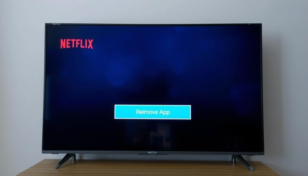A modern TV screen displaying the Netflix app interface, with a prominent "Uninstall" or "Remove App" button highlighted. The screen is well-lit, with a clean, minimalist design and a slightly cool color temperature. The background is a simple, neutral tone, allowing the TV screen to be the focal point. The overall mood is one of functionality and ease of use, conveying the straightforward process of removing the Netflix app from the television.