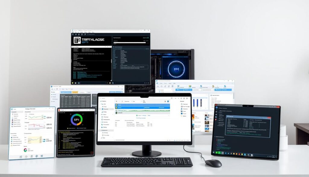 A modern computer diagnostic software suite displayed on a clean and minimalist desk setup. In the foreground, various diagnostic tools and windows are open, showcasing detailed system information, hardware analysis, and troubleshooting capabilities. The middle ground features a sleek desktop computer with its components exposed, inviting the user to explore and understand its inner workings. The background is a neutral, well-lit environment, creating a professional and focused atmosphere conducive to technical examination and problem-solving. The overall scene conveys a sense of technological mastery and the ability to thoroughly inspect and maintain computer hardware.