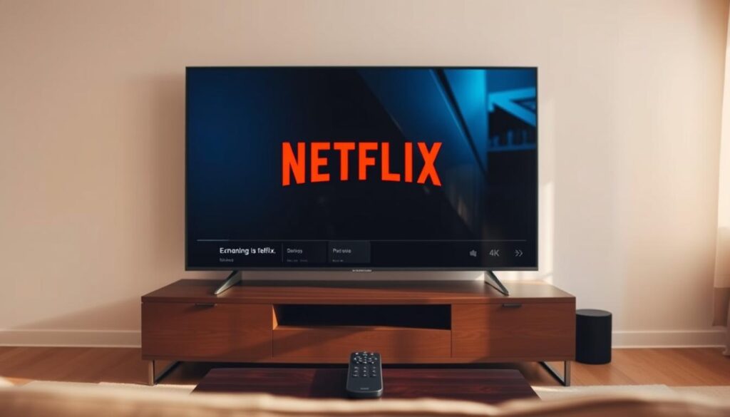 A modern, minimalist living room with a sleek, 4K television screen prominently displayed. The television is turned on, showcasing the Netflix interface. On the coffee table in front of the TV, a remote control is visible, suggesting user interaction. The room is bathed in warm, natural lighting, creating a cozy and inviting atmosphere. The background is clean and uncluttered, allowing the television to be the focal point. The camera angle is slightly elevated, capturing the scene from an eye-level perspective, as if the viewer is sitting on a sofa and observing the television. The overall mood is one of simplicity and ease, reflecting the task of logging out of Netflix on a smart TV.