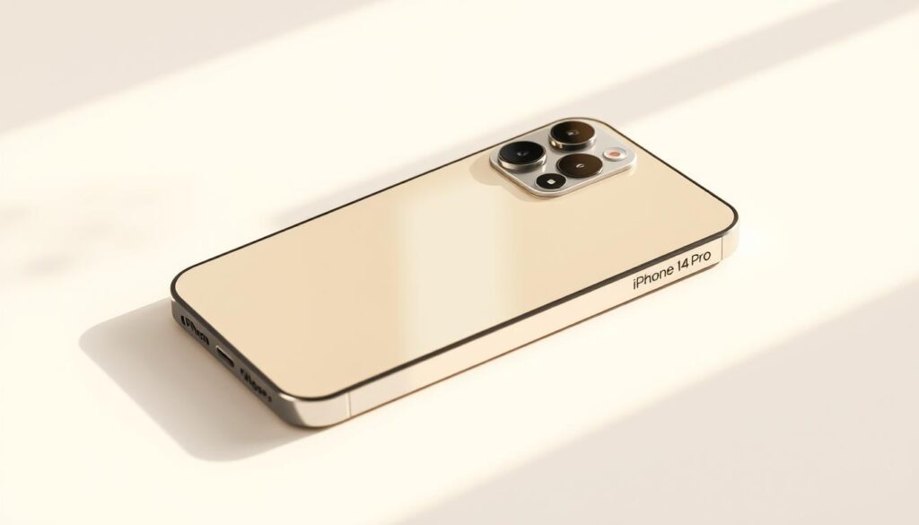 A sleek and modern iPhone 14 Pro resting on a minimalist white surface, bathed in warm, natural lighting. The device's polished stainless steel frame and glass body gleam, highlighting its premium construction. The large, vibrant OLED display showcases the phone's cutting-edge features, casting a soft glow across the scene. The camera module, with its advanced lenses and sensors, is prominently displayed, hinting at the powerful imaging capabilities of this top-tier smartphone. The composition is clean, elegant, and focused, emphasizing the iPhone 14 Pro's refined design and high-end appeal.