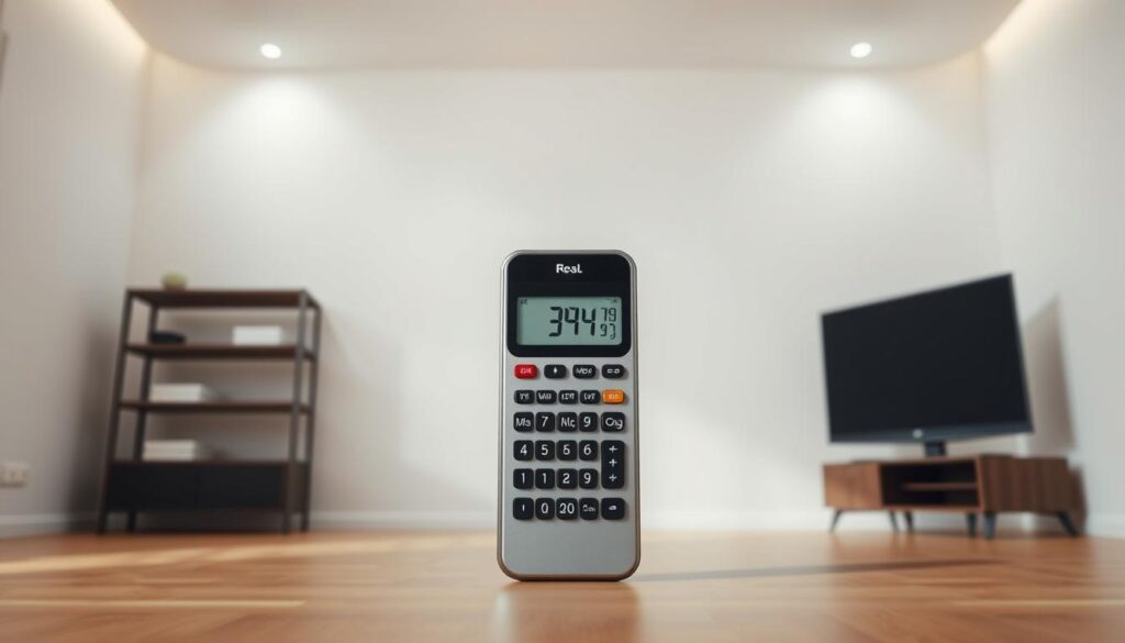 A sleek, modern calculator device set against a minimalist, well-lit interior. The calculator is centered in the frame, its clean lines and crisp display drawing the eye. Soft, indirect lighting from above and the sides creates subtle shadows and highlights the tool's tactile buttons and precision-engineered design. The background is a simple, neutral-toned room, allowing the calculator to be the primary focus. The overall mood is one of functional elegance, conveying the calculator's purpose as a practical yet sophisticated tool for measuring distance from a television.