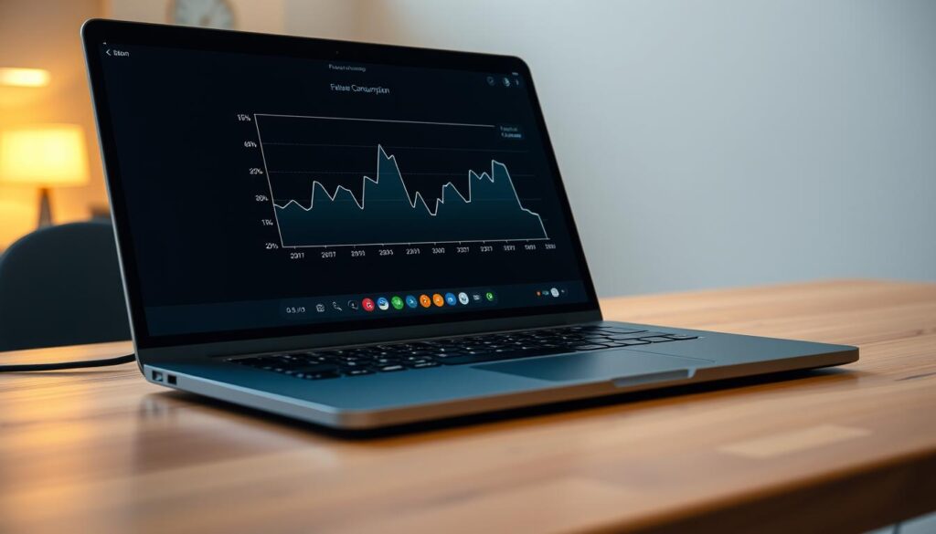 A sleek, modern laptop sitting on a wooden desk, its screen displaying a detailed graph of electricity consumption over time. The laptop's body is rendered in a subtle, matte black finish, accentuating its elegant design. The graph shows a line chart with peaks and valleys, reflecting the varying power usage of the device. The desk is illuminated by a warm, indirect lighting source, casting a gentle glow on the laptop and the surrounding environment. The background is blurred, but suggests a minimalist, professional office setting, allowing the laptop and its power consumption data to be the focal point of the image.