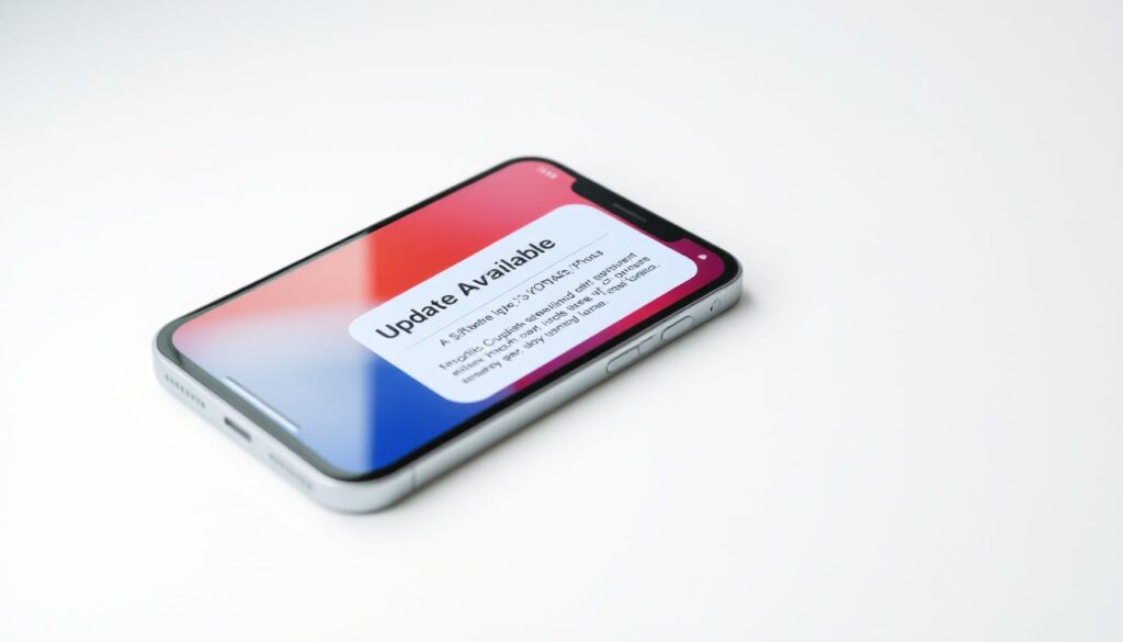 A sleek, silver iPhone 11 with a vibrant OLED display, resting on a minimalist white surface. The device's screen displays a software update notification, with a bold "Update Available" message and details about the latest version. The lighting is soft and diffused, creating a clean, modern aesthetic. The composition emphasizes the iPhone's elegant design, with the update prompt conveying the importance of keeping the device up-to-date. The overall mood is one of technology, progress, and a sense of anticipation for the enhanced features and security improvements the update will provide.