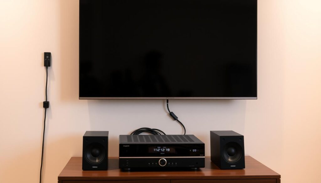 A well-lit home entertainment setup, showcasing a sleek flat-screen TV connected to a modern cable/satellite decoder box and a high-end home theater sound system. The TV is mounted on a minimalist wall mount, with clean cable management routing the HDMI, audio, and power cables neatly through the wall. The decoder box sits elegantly on a media cabinet, its front panel displaying relevant information. The home theater speakers are arranged in a surround sound configuration, seamlessly blending into the room's decor. Overall, the scene conveys a sense of technological sophistication and a cinematic viewing experience.