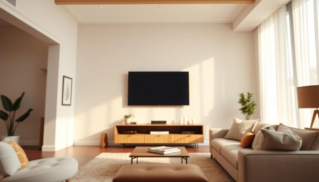 A well-lit, spacious living room with a large flat-screen television mounted on the wall. The camera is positioned at eye level, capturing the optimal viewing distance for the television's resolution. The room features modern, minimalist decor with clean lines and a neutral color palette. Soft, diffuse lighting illuminates the scene, creating a warm and inviting atmosphere. The television's screen is in focus, showcasing the clarity and sharpness of the displayed image, while the surrounding environment is slightly blurred, emphasizing the television as the central focal point.