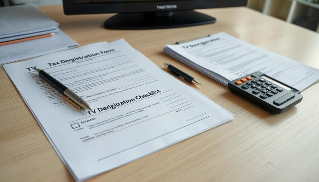 A well-organized office desk, with a stack of official-looking documents and forms, a pen, and a calculator. The documents have titles like "Tax Deregistration Form" and "TV Deregistration Checklist". The lighting is soft and natural, creating a professional and serious atmosphere. The camera angle is slightly elevated, giving a sense of authority and importance to the scene. The overall composition is balanced and visually appealing, drawing the viewer's attention to the key elements relevant to the process of deregistering a television.