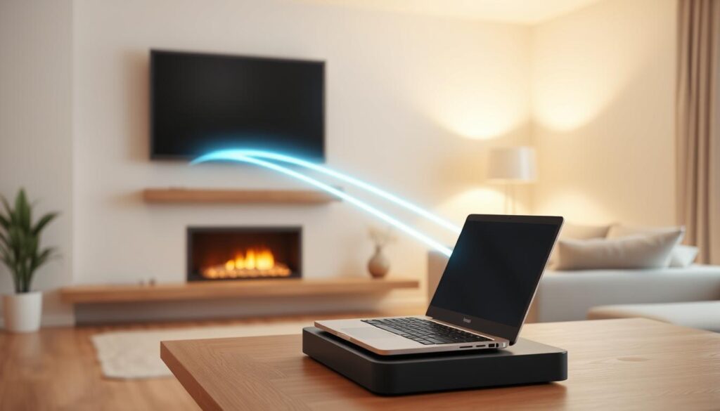 a high-quality 3D render of a wireless connection between a laptop and a television, set in a modern home living room. The laptop is positioned on a minimalist wooden desk, with the television mounted on the wall above a fireplace. The connection is illustrated by a glowing, translucent line extending from the laptop to the television, representing the wireless data transfer. The room is bathed in warm, diffused lighting, creating a cozy and inviting atmosphere. The scene emphasizes the seamless and effortless nature of a wireless computer-to-TV connection, suitable for the "Bezprzewodowe połączenie komputera z telewizorem" section of the article.