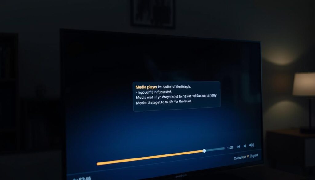 A close-up view of a malfunctioning media player application on a smart TV screen, displaying error messages, glitches, and other technical issues. The screen is slightly dimmed, with a muted color palette, creating a sense of frustration and technical difficulty. The layout features a prominent central focus on the problematic player interface, surrounded by a subtle background of household living room elements, suggesting the context of home entertainment. Dramatic lighting casts shadows and highlights the technical details, emphasizing the gravity of the problems encountered. A close-up view of a malfunctioning media player application on a smart TV screen, displaying error messages, glitches, and other technical issues. The screen is slightly dimmed, with a muted color palette, creating a sense of frustration and technical difficulty. The layout features a prominent central focus on the problematic player interface, surrounded by a subtle background of household living room elements, suggesting the context of home entertainment. Dramatic lighting casts shadows and highlights the technical details, emphasizing the gravity of the problems encountered.