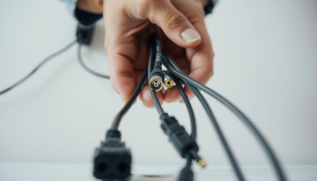 A close-up view of a technician's hands carefully examining and replacing television cables and connectors. The foreground shows the various cables, plugs, and sockets in intricate detail, with a neutral-toned backdrop that allows the focus to remain on the technical work. Soft, even lighting illuminates the scene, creating a calm, focused atmosphere. The angle is slightly elevated, giving a sense of precision and attention to the delicate task at hand. The overall composition emphasizes the importance of proper cable management and connectivity in troubleshooting television issues.