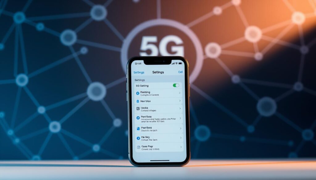 A close-up view of an iPhone 13 Pro, the latest model from Apple, against a backdrop of a sleek, modern 5G cellular network diagram. The iPhone's display shows a settings menu, highlighting the 5G connectivity options. Soft, directional lighting casts subtle shadows, emphasizing the device's premium design. The composition is balanced, with the iPhone centered and the network diagram providing a complementary visual element in the background. The overall mood is one of technological sophistication and the integration of cutting-edge cellular technology into the user's everyday mobile experience.