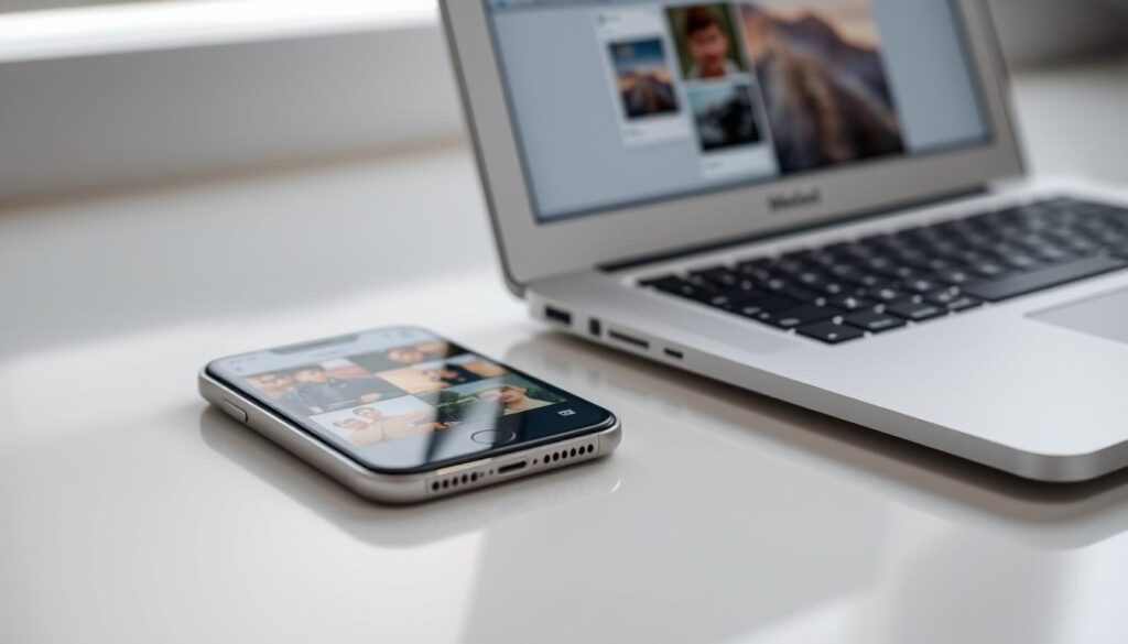 A close-up view of an iPhone and a MacBook Air, both placed on a sleek, minimalist workspace. The iPhone's screen displays a gallery of photographs, while the MacBook's display shows a file management interface. Soft, directional lighting highlights the devices' features, creating a sense of professionalism and productivity. The composition emphasizes the seamless transfer of images from the iPhone to the MacBook, hinting at the effortless workflow between Apple's mobile and desktop platforms. A close-up view of an iPhone and a MacBook Air, both placed on a sleek, minimalist workspace. The iPhone's screen displays a gallery of photographs, while the MacBook's display shows a file management interface. Soft, directional lighting highlights the devices' features, creating a sense of professionalism and productivity. The composition emphasizes the seamless transfer of images from the iPhone to the MacBook, hinting at the effortless workflow between Apple's mobile and desktop platforms.