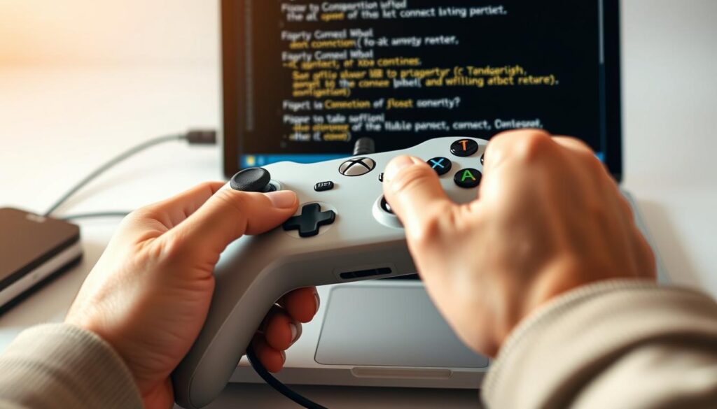 A close-up view of hands troubleshooting an Xbox controller connected to a laptop. The controller's wires and ports are visible, highlighting the connection process. The laptop's screen displays diagnostic information and potential solutions. The lighting is soft, creating a warm, focused atmosphere. The composition emphasizes the technical nature of the task, with a clean, minimalist background that draws attention to the hands and device. The overall scene conveys a sense of problem-solving and tinkering, reflecting the article's subject of connecting an Xbox controller to a PC.