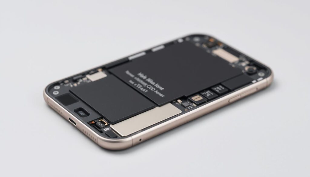 A close-up view of the interior components of an iPhone 7 with the display panel removed, revealing the intricate circuitry and connectors. The image should have a clean, technical aesthetic, with a neutral grey background that allows the details of the device to stand out. The lighting should be bright and evenly distributed, creating a sense of clarity and precision. The camera angle should be slightly tilted, providing a dynamic perspective that showcases the complexity of the device's inner workings. The mood should convey a sense of problem-solving and technical expertise, reflecting the task of repairing an iPhone 7 after a hard reset.