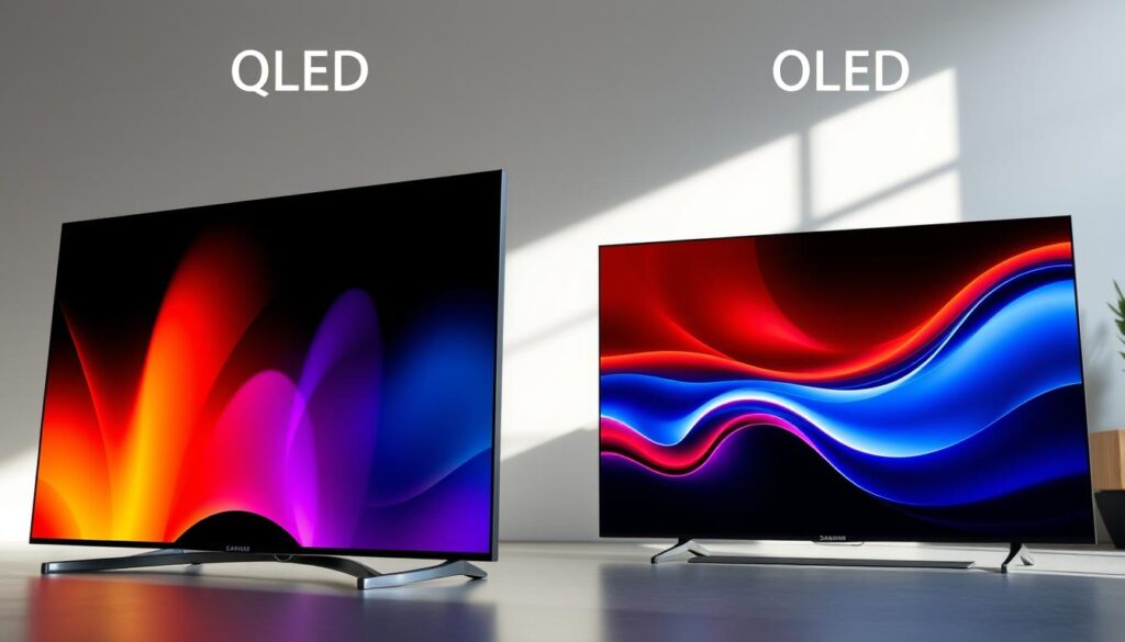 A detailed comparison of QLED and OLED television technologies. In the foreground, a sleek QLED display showcases its vibrant, saturated colors and deep blacks. In the middle, an OLED panel demonstrates its perfect contrast ratio and wide viewing angles. The background features a minimal, studio-like setting with neutral tones to allow the televisions to take center stage. Crisp, high-resolution imagery with precise lighting and depth of field, capturing the technical nuances that distinguish these two premium display technologies. A detailed comparison of QLED and OLED television technologies. In the foreground, a sleek QLED display showcases its vibrant, saturated colors and deep blacks. In the middle, an OLED panel demonstrates its perfect contrast ratio and wide viewing angles. The background features a minimal, studio-like setting with neutral tones to allow the televisions to take center stage. Crisp, high-resolution imagery with precise lighting and depth of field, capturing the technical nuances that distinguish these two premium display technologies.