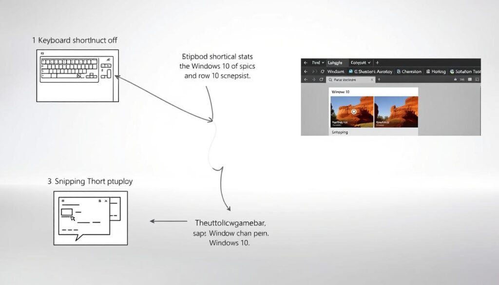 A detailed, high-resolution screenshot of various Windows 10 screenshot-taking methods displayed on a clean, white background. The foreground shows step-by-step illustrations of keyboard shortcuts, the Snipping Tool, and the Windows Game Bar, all presented in a clear, intuitive manner. The middle ground features a desktop workspace with Windows 10 open, showcasing the locations of these screenshot tools. The background is a subtle gradient, allowing the subject to be the focal point. Soft, diffused lighting creates a professional, educational atmosphere, highlighting the simplicity and accessibility of these Windows 10 screenshot techniques.