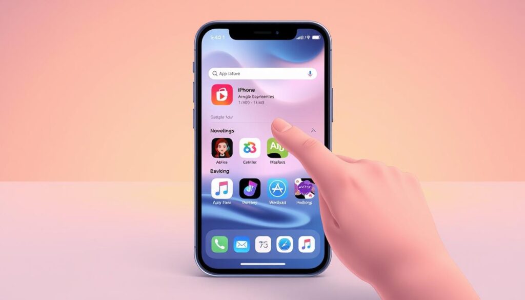 A detailed step-by-step illustration of the app download process on an iPhone. The foreground shows an iPhone 14 Pro device with its screen prominently displaying the App Store interface, featuring a search bar and a curated selection of app icons. The middle ground showcases a hand interacting with the touchscreen, tapping on an app icon to initiate the download. The background is a clean, minimalist environment with soft, warm lighting to create a calm, focused atmosphere. The overall composition and styling convey a sense of modern, intuitive technology that guides the user through the app discovery and installation journey.