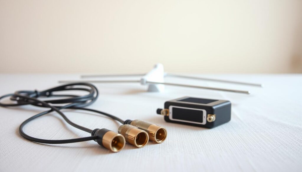 A detailed still life photograph showcasing the essential components required to connect a terrestrial antenna to a television. The foreground features the antenna cable, coaxial adapters, and a signal amplifier, arranged neatly on a neutral-colored surface. The middle ground showcases the antenna itself, its shape and design highlighted in natural lighting. The background depicts a simple, uncluttered setting, allowing the technical elements to take center stage. The overall composition conveys a sense of functionality and practicality, serving as a visual guide for the article's instructional section. A detailed still life photograph showcasing the essential components required to connect a terrestrial antenna to a television. The foreground features the antenna cable, coaxial adapters, and a signal amplifier, arranged neatly on a neutral-colored surface. The middle ground showcases the antenna itself, its shape and design highlighted in natural lighting. The background depicts a simple, uncluttered setting, allowing the technical elements to take center stage. The overall composition conveys a sense of functionality and practicality, serving as a visual guide for the article's instructional section.