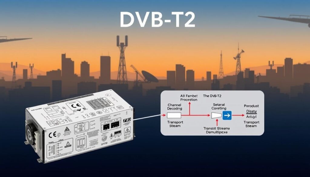 A detailed technical illustration of the DVB-T2 standard, showcasing its core components and functionality. In the foreground, a sleek digital television tuner module with precise schematics and circuit diagrams. In the middle ground, a simplified diagram highlighting the key stages of the DVB-T2 signal processing pipeline, such as channel decoding, error correction, and transport stream demultiplexing. In the background, a stylized cityscape with broadcast towers and satellite dishes, symbolizing the ubiquity of digital terrestrial television. The overall mood is one of technological sophistication and engineering excellence, conveying the importance of the DVB-T2 standard in modern television broadcasting.
