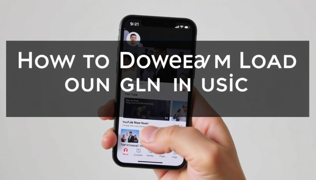 A hand holding an iPhone in a natural lighting setup, showcasing the YouTube app interface on the device's screen. The display features a search bar and a selection of music-related content, conveying the idea of downloading music from the platform. The background is a clean, minimalist environment, allowing the device and its screen to be the focal point. The overall composition and styling evoke a modern, sleek, and user-friendly aesthetic suitable for a tutorial on downloading music on an iPhone.