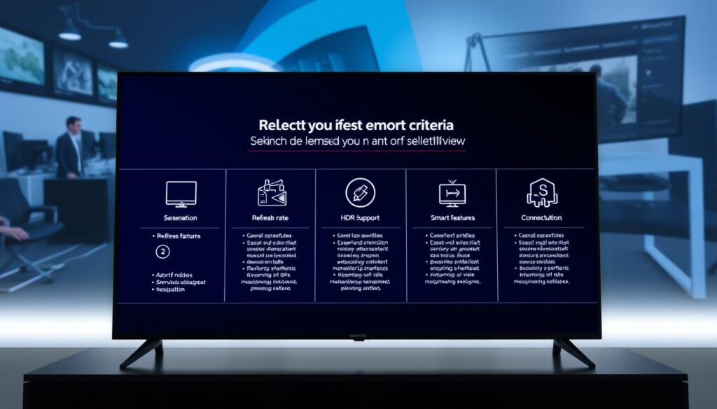 A high-quality 65-inch television screen displaying a well-organized visual guide on the most important criteria for selecting the perfect TV. The foreground showcases detailed icons and infographic elements highlighting key factors such as screen resolution, refresh rate, HDR support, smart features, and connectivity options. The middle ground features clean typography outlining the criteria in a clear, informative manner. The background subtly blends professional product photography, creating an immersive, technical atmosphere suitable for an informed buying decision.