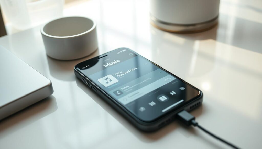 A high-quality, detailed image of a smartphone screen displaying the process of downloading music onto an iPhone. The scene features a well-lit, clean table or desk with the iPhone prominently displayed, surrounded by a minimalist, modern setting. The screen shows intuitive music downloading steps, with clean icons and a sleek user interface. The overall mood is one of simplicity, efficiency, and technological elegance, reflecting the ease and legality of the music downloading process.