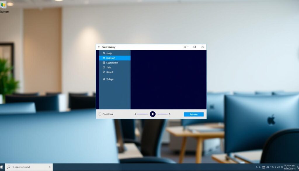 A high-quality screenshot of the Icecream Screen Recorder software interface on a Windows 10 desktop. The window is centered and occupies a large portion of the frame, showcasing the tool's intuitive design and functionality. The background is a neutral, slightly blurred office environment, adding context without distracting from the main subject. The lighting is soft and natural, highlighting the tool's clean lines and vibrant colors. The composition emphasizes the software's ease of use and versatility as a powerful screen capture solution for Windows 10 users.