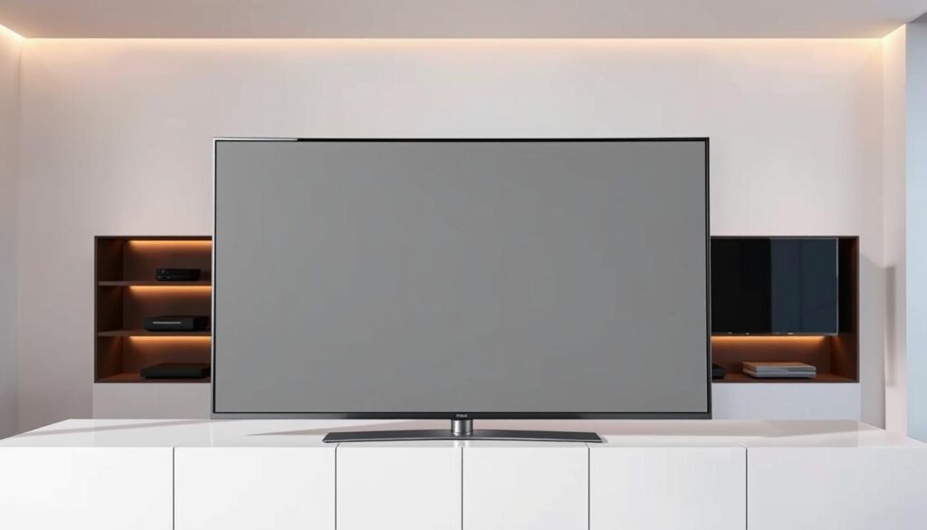 A high-quality, sleek LG television with a built-in DVB-T2 digital TV tuner, displayed against a modern, minimalist interior setting. The TV is positioned prominently on a clean, white entertainment stand, its glossy screen reflecting the warm, indirect lighting from concealed sources. The television's slim, brushed metal frame and discreet controls convey a sense of sophisticated, cutting-edge technology. The overall scene exudes an atmosphere of streamlined, contemporary design and functionality, perfectly suited to illustrate the section on verifying if an LG TV has an integrated DVB-T2 decoder.