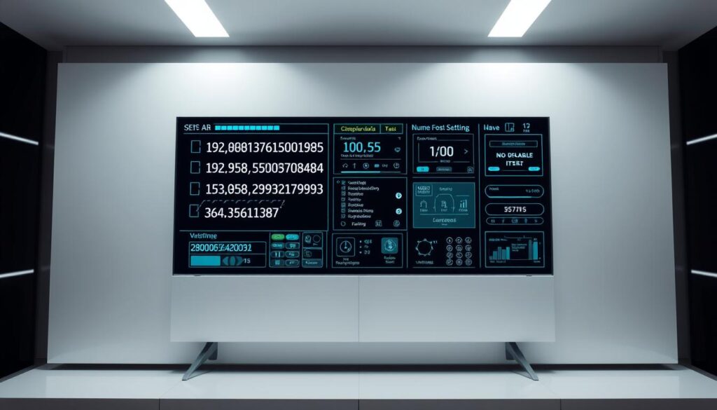 A high-tech digital display panel showing a series of specialized numeric codes and technical-looking interfaces. The foreground features a sleek, minimalist design with a neutral color palette, while the background is blurred to draw focus to the central screen. The display showcases an array of numerical inputs, menu options, and control panels, conveying the sense of accessing hidden settings or bypassing restrictions. The lighting is clean and directional, creating depth and highlighting the precision of the digital elements. The overall atmosphere is one of technical proficiency and the ability to unlock hidden functionality, suitable for illustrating a guide on disabling a TV's retail mode.