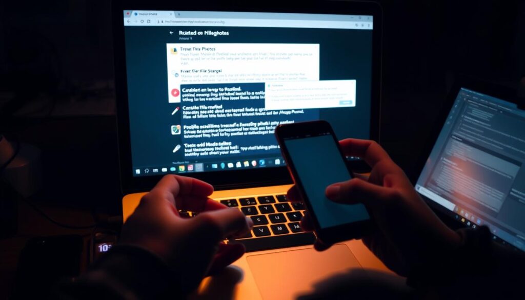A laptop or desktop computer screen displays a series of error messages and file transfer issues as a frustrated user attempts to transfer photos from an iPhone. The scene is dimly lit, with a soft, warm glow emanating from the screen, creating an atmosphere of technological frustration. The user's hands are visible, gripping the phone and computer peripherals, conveying a sense of struggle. The background is blurred, keeping the focus on the central problem at hand. The overall composition and lighting evoke a sense of the common challenges faced when trying to move photos from an iPhone to a personal computer. A laptop or desktop computer screen displays a series of error messages and file transfer issues as a frustrated user attempts to transfer photos from an iPhone. The scene is dimly lit, with a soft, warm glow emanating from the screen, creating an atmosphere of technological frustration. The user's hands are visible, gripping the phone and computer peripherals, conveying a sense of struggle. The background is blurred, keeping the focus on the central problem at hand. The overall composition and lighting evoke a sense of the common challenges faced when trying to move photos from an iPhone to a personal computer.