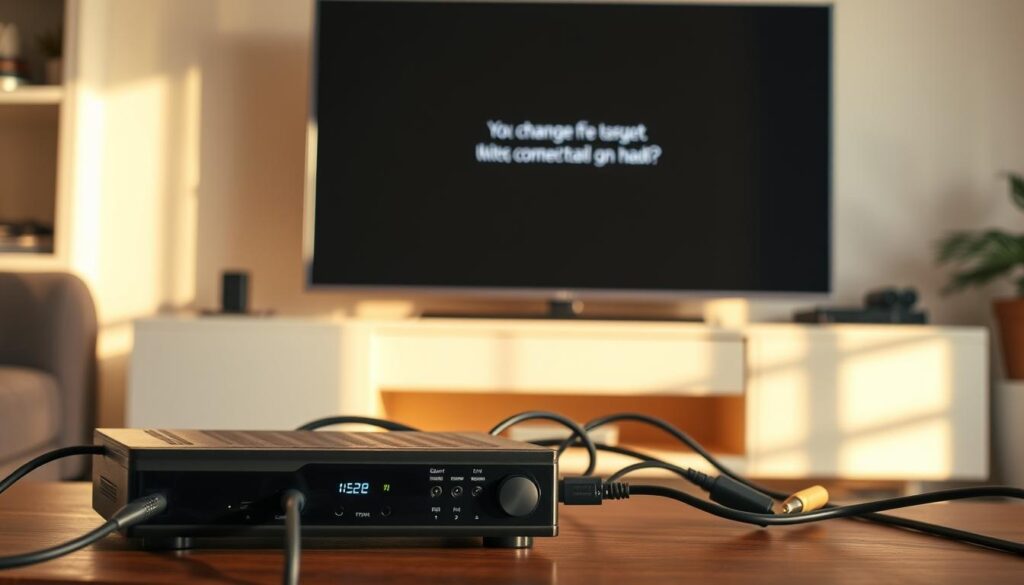 A living room setting with a flatscreen TV on a modern entertainment center. In the foreground, a cable box or set-top box is positioned next to the TV, with various cables and connectors leading from the box to the TV. The scene is lit with warm, natural lighting, creating a cozy, domestic atmosphere. The TV screen displays a message or an error code indicating a connection issue between the box and the TV. The composition is balanced, with the TV and box taking up the central focus, surrounded by subtle details that complement the scene.