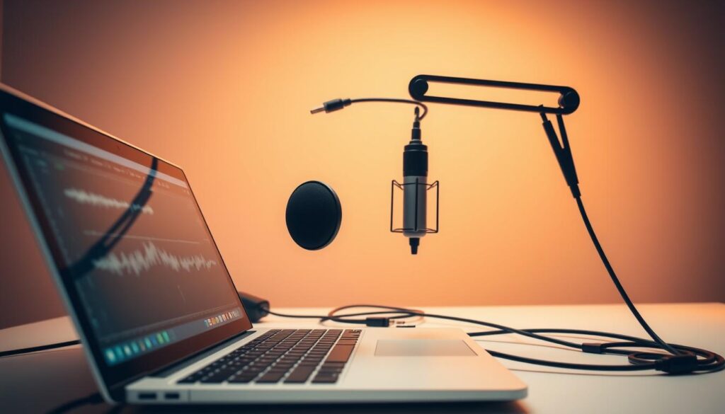 A minimalist desktop setup with a laptop, microphone, and audio cables. In the foreground, the laptop screen displays a digital audio workstation interface with waveforms and controls. The middle ground features a high-quality dynamic microphone on an adjustable boom arm, angled towards the user. The background is a simple, clean workspace with neutral tones, suggesting a professional home studio environment. Warm, directional lighting creates depth and highlights the equipment, while a slightly low camera angle conveys a sense of focus and attention to detail. The overall mood is one of streamlined productivity and clarity, reflecting the tutorial nature of the subject matter.