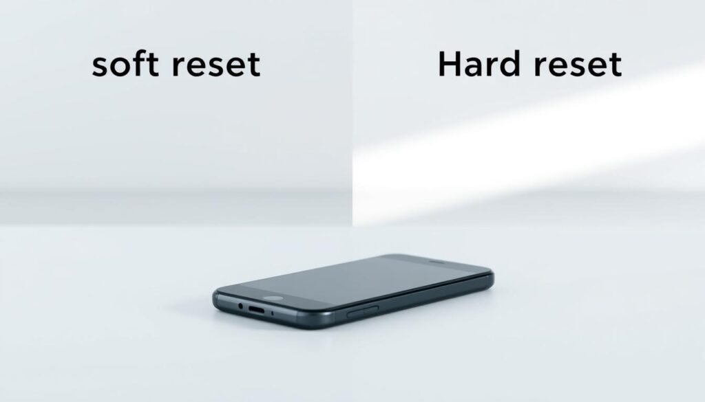 A minimalist illustration depicting the contrasting concepts of "soft reset" and "hard reset" for a mobile device. In the foreground, a sleek, contemporary smartphone rests on a clean, white surface. The background is divided into two distinct halves - the left side is softly blurred, conveying the "soft reset" notion, while the right side is sharply in focus, representing the "hard reset" idea. Subtle shadows and highlights add depth and dimensionality to the scene, creating a sense of balance and clarity. The overall mood is one of simplicity, technology, and the clarity of choice between these two reset options.