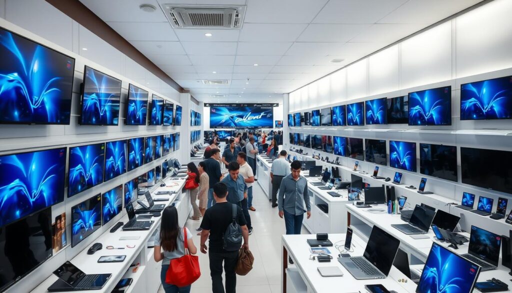 A modern electronics store interior with rows of neatly displayed televisions, laptops, smartphones, and other gadgets. The lighting is bright and even, highlighting the sleek, futuristic design of the merchandise. Customers browse the aisles, examining products and consulting with knowledgeable sales staff. The atmosphere is one of excitement and anticipation, as shoppers consider upgrading their old devices with the latest cutting-edge technology. The overall scene conveys a sense of a vibrant, technology-driven consumer experience.