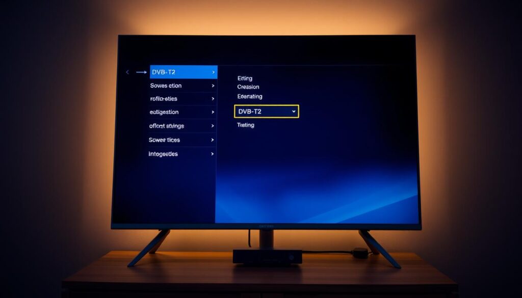 A modern flatscreen TV set on a wooden TV stand, with the TV's on-screen menu displayed prominently. The menu shows various settings options, with a focus on the "DVB-T2" setting. The TV's screen is illuminated with a soft, warm light, creating a cozy and inviting atmosphere. The overall scene conveys a sense of technical functionality and attention to detail, reflecting the need to properly configure the TV for the DVB-T2 digital broadcast standard. The composition emphasizes the TV's settings menu as the focal point, guiding the viewer's attention to the important adjustments required.