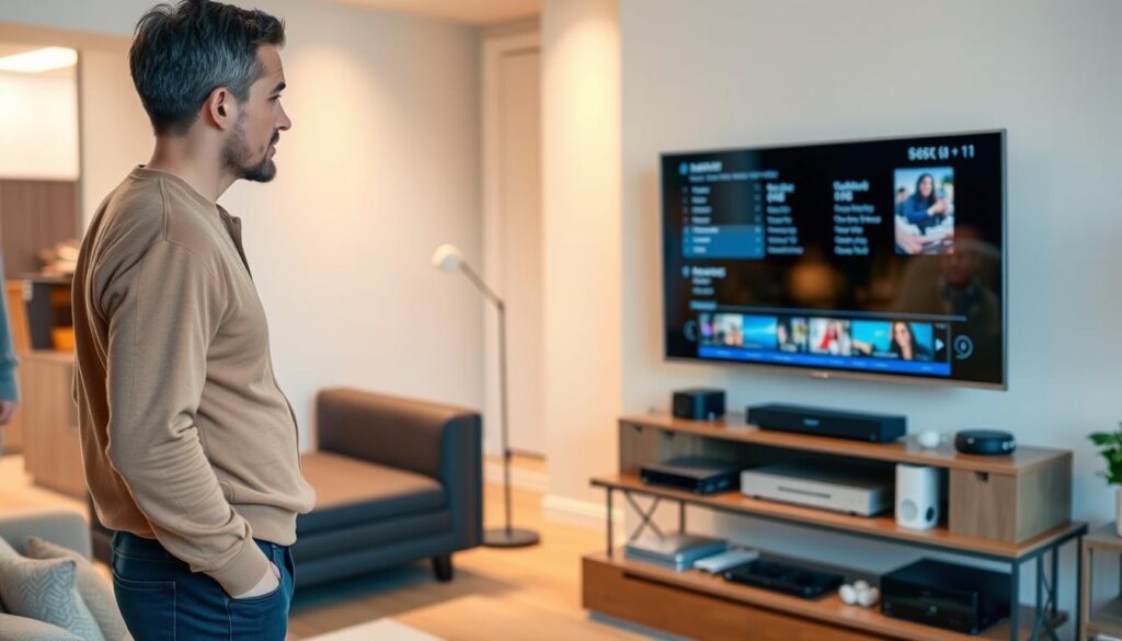 A modern living room setting, with a central focus on a television set being carefully inspected and evaluated by a thoughtful-looking customer. The room is well-lit, with soft, warm lighting creating a cozy atmosphere. The customer is standing in the foreground, dressed casually, their expression conveying a sense of contemplation as they examine the features and specifications of the television. In the middle ground, various electronic devices and accessories are neatly arranged, hinting at the process of making an informed purchasing decision. The background features a clean, minimalist design, allowing the main subject to take center stage. The overall scene captures the thoughtful and considered nature of the television-buying experience. A modern living room setting, with a central focus on a television set being carefully inspected and evaluated by a thoughtful-looking customer. The room is well-lit, with soft, warm lighting creating a cozy atmosphere. The customer is standing in the foreground, dressed casually, their expression conveying a sense of contemplation as they examine the features and specifications of the television. In the middle ground, various electronic devices and accessories are neatly arranged, hinting at the process of making an informed purchasing decision. The background features a clean, minimalist design, allowing the main subject to take center stage. The overall scene captures the thoughtful and considered nature of the television-buying experience.