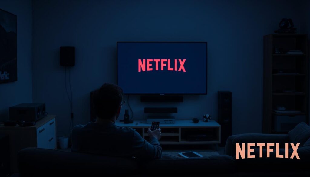 A modern living room with a large flat-screen television on the wall, surrounded by various electronic devices and cables. In the foreground, a frustrated person sitting on a couch, holding a remote control and staring at the unresponsive TV screen. The room is dimly lit, creating a sense of confusion and uncertainty. Subtle hints of Netflix branding or logos are visible, emphasizing the subject of the image. The overall composition conveys a relatable situation of troubleshooting a malfunctioning streaming service on a home entertainment system. A modern living room with a large flat-screen television on the wall, surrounded by various electronic devices and cables. In the foreground, a frustrated person sitting on a couch, holding a remote control and staring at the unresponsive TV screen. The room is dimly lit, creating a sense of confusion and uncertainty. Subtle hints of Netflix branding or logos are visible, emphasizing the subject of the image. The overall composition conveys a relatable situation of troubleshooting a malfunctioning streaming service on a home entertainment system.