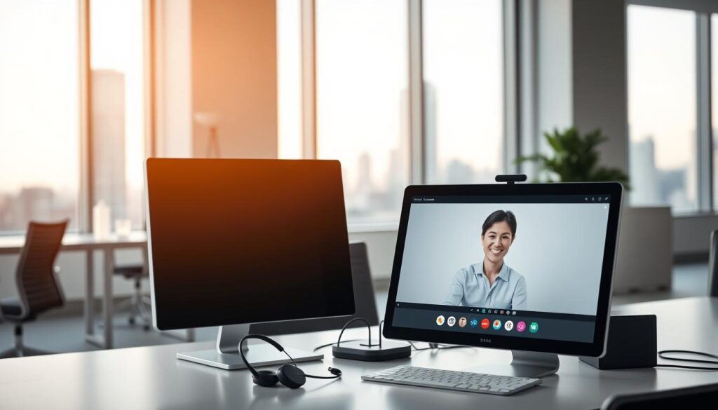 A modern office setting with a professional, yet approachable atmosphere. In the foreground, a sleek desktop computer with a high-resolution display, showcasing a video call interface. The middle ground features a compact, minimalist desk with a wireless headset and a smart desk organizer. The background depicts a clean, well-lit space with large windows overlooking an urban skyline, creating a sense of connectivity and professionalism. The lighting is soft and diffused, casting a warm glow over the scene. The overall composition conveys the ease and efficiency of internet-based business communication.